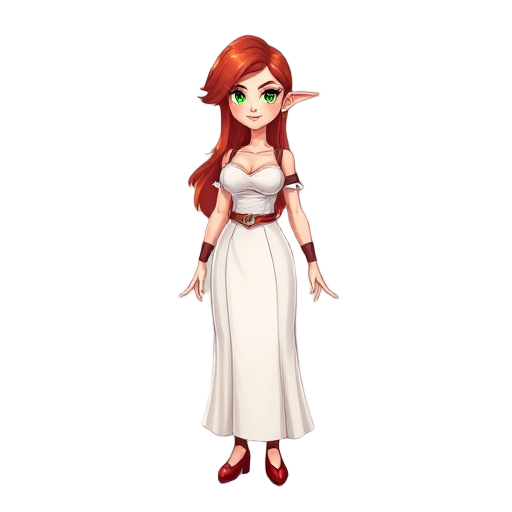 female wizard. she has a red hair, and pronnounced bust. seh wears a long white drees and red hells. her eyes are green.