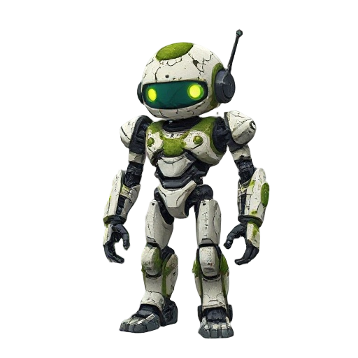 ancient moss-covered robot with a cracked white and green metal body and faint glowing visor, standing amid overgrown ruins. nature reclaims futuristic remains, blending medieval huts and old machines under soft, cinematic light, evoking a melancholic pos