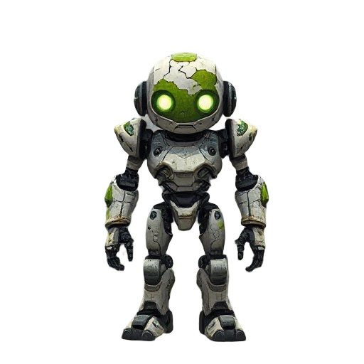 ancient moss-covered robot with a cracked white and green metal body and faint glowing visor, standing amid overgrown ruins. nature reclaims futuristic remains, blending medieval huts and old machines under soft, cinematic light, evoking a melancholic pos