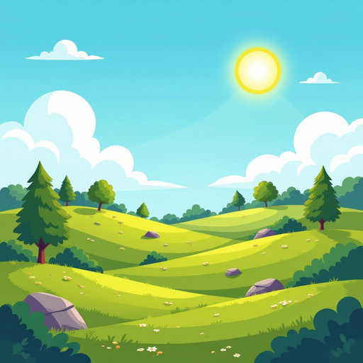 nature landscape with small hills and trees, clouds in the sky, sun high in the sky