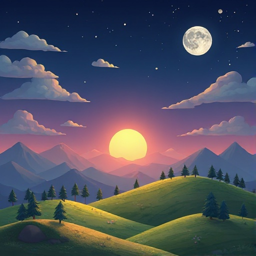 nature landscape with small hills and trees, transitioning from day to night, clouds in the sky, sun begins to set below the horizon as stars begin to emerge and twinkle and the moon begins to rise
