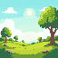 beautiful daytime nature landscape with trees and small hills, several clouds in the sky, and sun in the middle of the sky