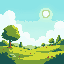 nature landscape with small hills and trees, clouds in the sky, sun high in the sky