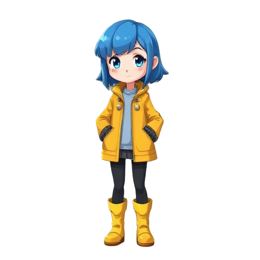 girl, blue hair, yellow coat, yellow boots