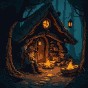 "a weary traveler resting at 'the hollow hearth,' a hidden inn deep in an ancient forest. a warm campfire flickers outside, while soft lantern light glows from within. mysterious yet welcoming figures
