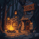 a lone traveler, weary from the road, arrives at a mysterious yet inviting inn deep in an ancient forest. a warm campfire crackles outside, casting flickering light on the stone walls and wooden sign 