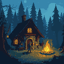 a pixel-art fantasy scene of a lone traveler arriving at the hollow hearth, a secluded inn nestled deep within an ancient forest. a crackling campfire glows warmly outside, casting flickering light on