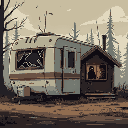 a rundown trailer with broken windows and a cabin with a dark figure in the window 