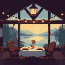 a nice dinner in the lodge of a motel overlooking the lake