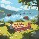 a picnic on the lake with boats in the background