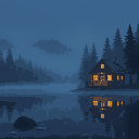 a foggy lake with rain, and a cabin with cozy lights shining through its windows at night