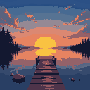 a sunset on the lake with a dock