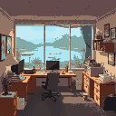 a messy office in a motel overlooking the lake
