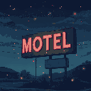 a faded motel sign at night with fireflies surrounding it