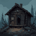 a rundown cabin with debris surrounding it and a dark figure inside