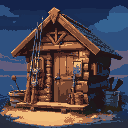 a fishing shack with fishing rods leaning on it