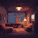 the inside of a motel with cozy lighting