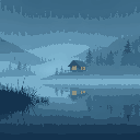 a foggy lake with rain, and a cabin on the horizon with cozy lights shining through its windows at night