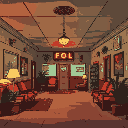 the lobby of a rundown motel with cozy lighting