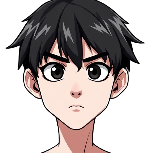 do a anime characther man, he have black eyes and hair, big dark circles around of the eyes, you skin color is white and your expression is seriously and focused