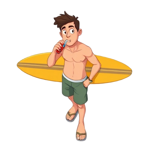 a beach guy with a table surf walking and drinking a soda
