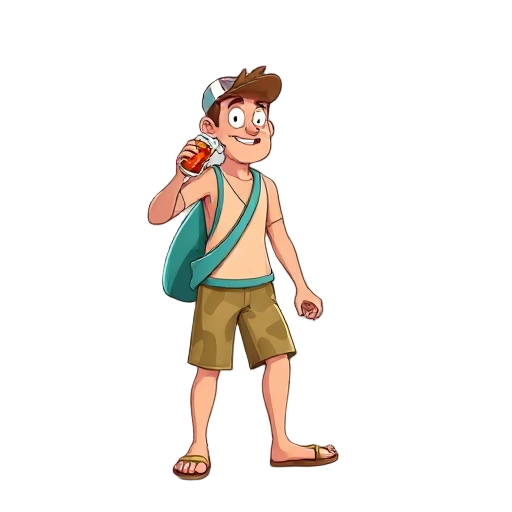 a beach guy with a table surf walking and drinking a soda