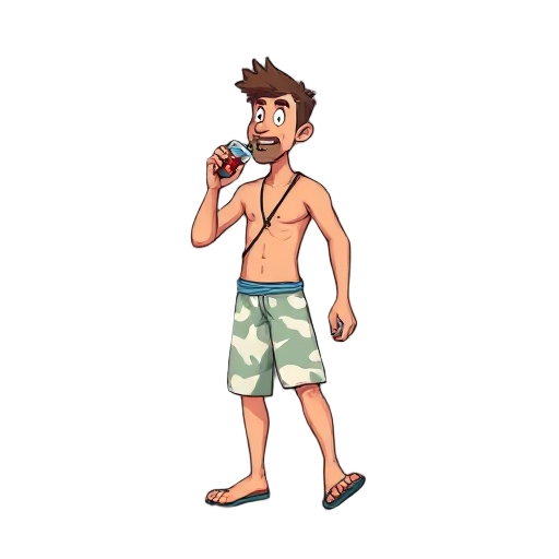 a beach guy with a table surf walking and drinking a soda