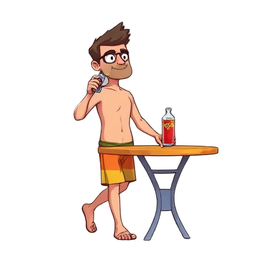 a beach guy with a table surf walking and drinking a soda
