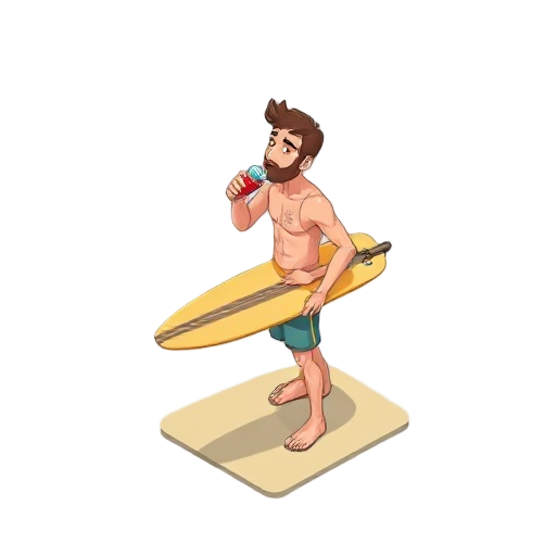 a beach guy with a table surf walking and drinking a soda