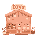soft, pastel style with warm pinks and browns. rounded shapes, gentle lighting. large sign “toys” above a cozy stall selling homemade stuffed akbears. sweet, calm, and perfectly cute. bears hung up
