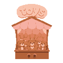 soft, pastel style with warm pinks and browns. rounded shapes, gentle lighting. xl large sign “toys” above a cozy stall selling homemade stuffed akbears. sweet, calm, and perfectly cute. bears hung up