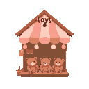 soft, pastel style with warm pinks and browns. rounded shapes, gentle lighting. “toys” above a cozy stall selling homemade stuffed alive looking bears. sweet, calm, and perfectly cute. flat no ground