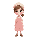 kind-eyed baker woman with a warm smile, rosy cheeks, and soft pastel clothes. gentle, cozy, and tidy—she looks like she smells of sugar and fresh bread.