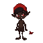 a young saci from brazilian folklore with one leg, dark skin, a red cap, and glowing red eyes. he has a playful yet mysterious expression, lean body, and short hair. a small swirl of mist surrounds him, hinting at his magical nature.