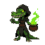 create a dark and detailed sprite of a reptilian sorceress woman with crocodile-like features. she has glowing yellow eyes, sharp teeth, and green scaly skin. she wears a torn hooded cloak and holds a bubbling cauldron emitting green smoke. her expression
