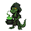 create a dark and detailed sprite of a reptilian sorceress woman with crocodile-like features. she has glowing yellow eyes, sharp teeth, and green scaly skin. she wears a torn hooded cloak and holds a bubbling cauldron emitting green smoke. her expression