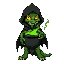 create a dark and detailed sprite of a reptilian sorceress woman with crocodile-like features. she has glowing yellow eyes, sharp teeth, and green scaly skin. she wears a torn hooded cloak and holds a bubbling cauldron emitting green smoke. her expression