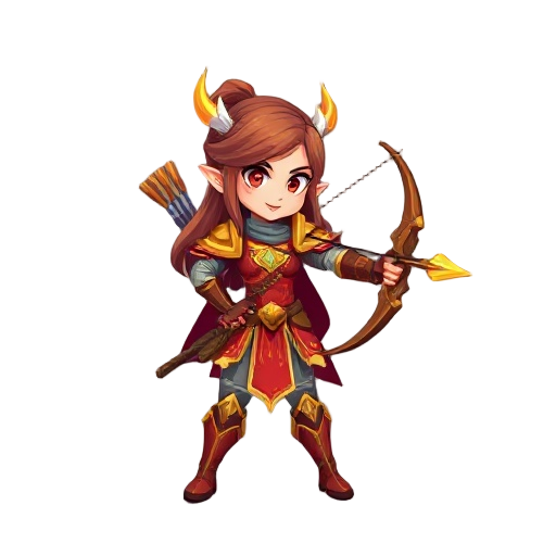 pixel character, women, armour red/golden, fire type archer, 