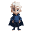 a boy with white hair and eyes, fair skin, dark blue cape, blue shirt, dark blue pants with cyan lines. vivid colors and unrealistic