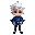 a boy with white hair and eyes, fair skin, dark blue cape, blue shirt, dark blue pants with cyan lines. vivid colors