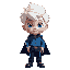 a boy with white hair and eyes, fair skin, dark blue cape, blue shirt, dark blue pants with cyan lines. vivid colors