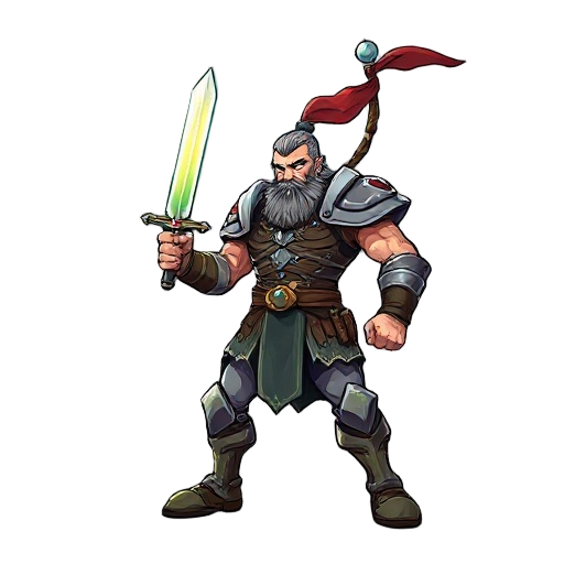 a strong warrior stands in an a-pose, legs apart, gripping a glowing sword in his right hand. his battle-worn armor shines under a stormy sky, with torn banners fluttering in the fierce wind