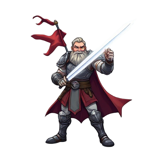 a strong warrior stands in an a-pose, legs apart, gripping a glowing whit long sword in his right hand. his battle-worn armor shines under a stormy sky, with torn banners fluttering in the fierce wind