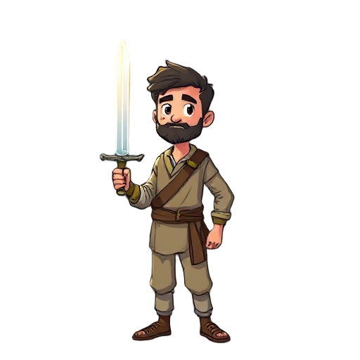 a simple man stands confidently, holding a radiant, godly sword in his right hand. his expression is calm yet determined, wearing modest clothing, with the sword glowing with divine power against a pe