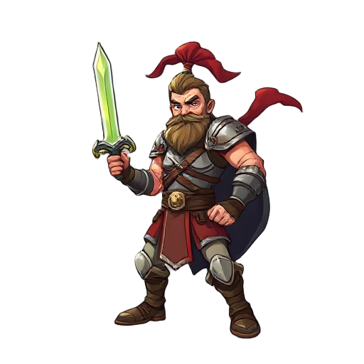 a strong warrior stands in an a-pose, legs apart, gripping a glowing sword in his right hand. his battle-worn armor shines under a stormy sky, with torn banners fluttering in the fierce wind