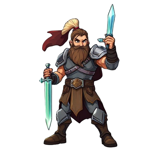a strong warrior stands in an a-pose, legs apart, gripping a glowing sword in his right hand. his battle-worn armor shines under a stormy sky, with torn banners fluttering in the fierce wind