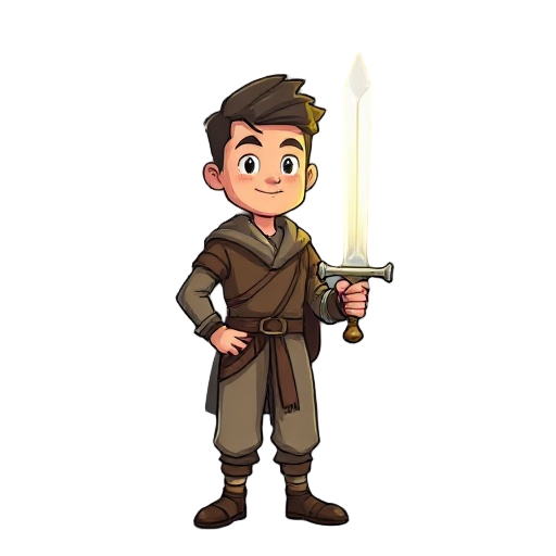 a simple man stands confidently, holding a radiant, godly sword in his right hand. his expression is calm yet determined, wearing modest clothing, with the sword glowing with divine power against a pe