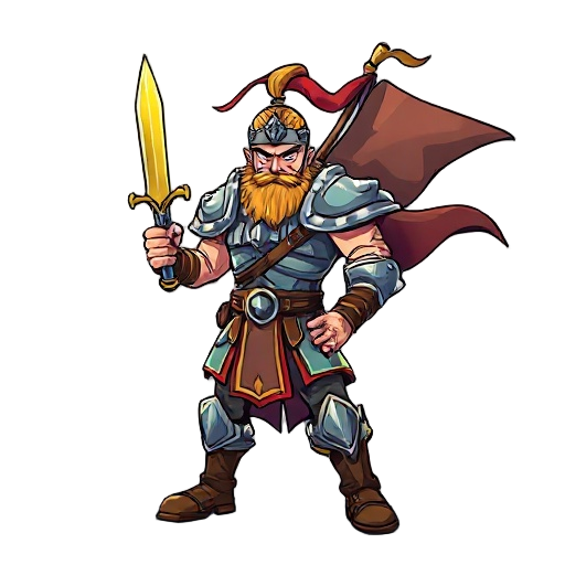 a strong warrior stands in an a-pose, legs apart, gripping a glowing sword in his right hand. his battle-worn armor shines under a stormy sky, with torn banners fluttering in the fierce wind
