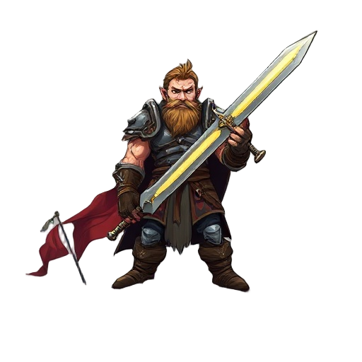 a powerful warrior stands atop a ruined battlefield, gripping a glowing brave long sword firmly in his right hand. his armor is battered, his gaze fierce, with a stormy sky and torn banners behind him
