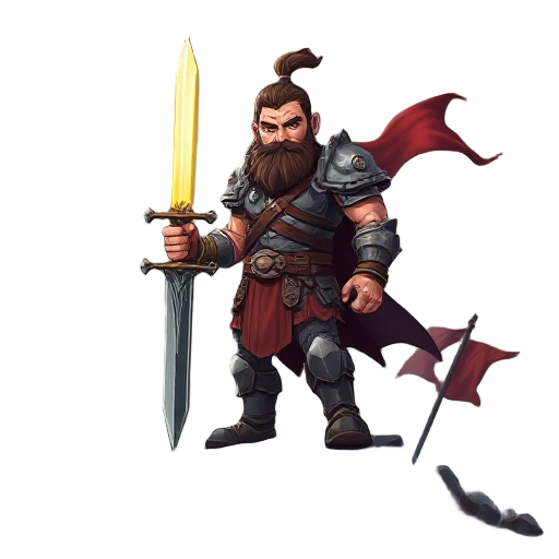 a powerful warrior stands atop a ruined battlefield, gripping a glowing brave long sword firmly in his right hand. his armor is battered, his gaze fierce, with a stormy sky and torn banners behind him